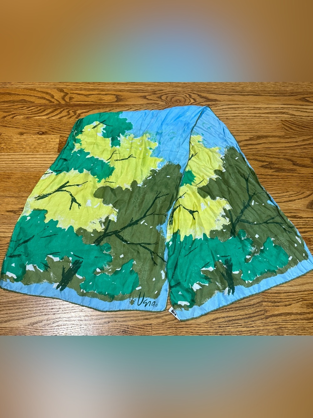 VTG Vera Neumann Silk Scarf Trees Landscape Nature Blue Green Yellow Japan
